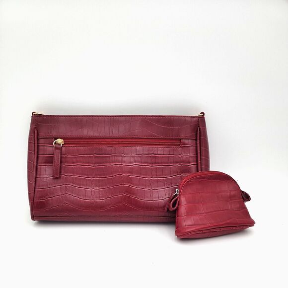 Red Clutch MATCHING SET Faux Leather Alligator Gold Hardware w/ Coin Purse EUC - Picture 1 of 13